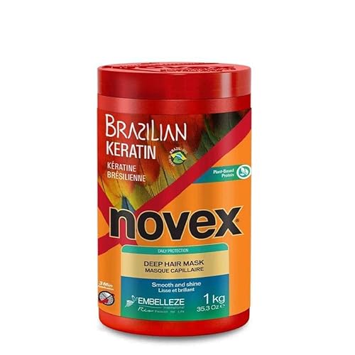 A new, unopened jar of Novex Brazilian Keratin Deep Conditioning Mask, 35.3 Oz - Reconstructive Keratin, Frizz Control &amp;amp; Damage Repair against a white background.
