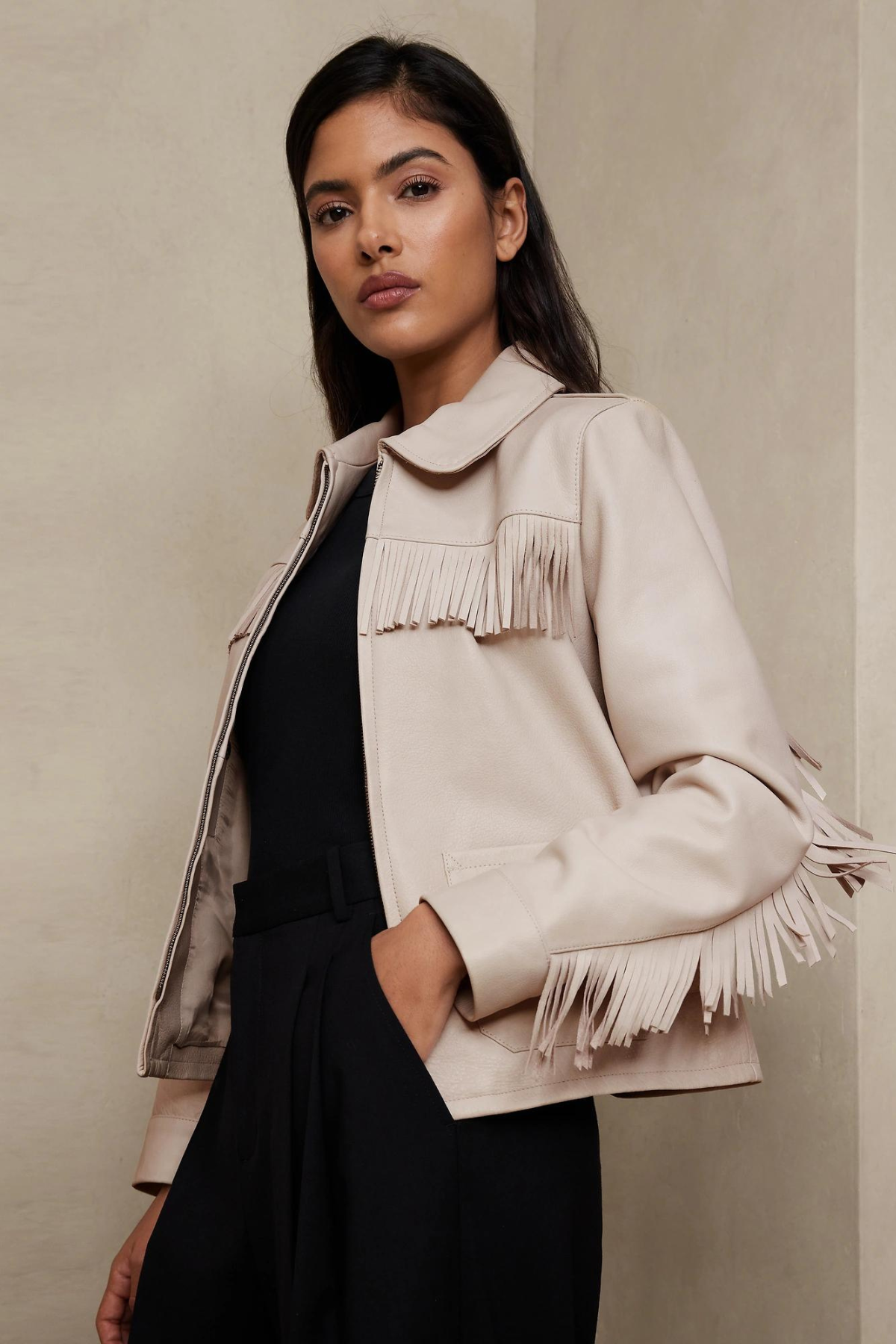 leather fringe jacket in off-white