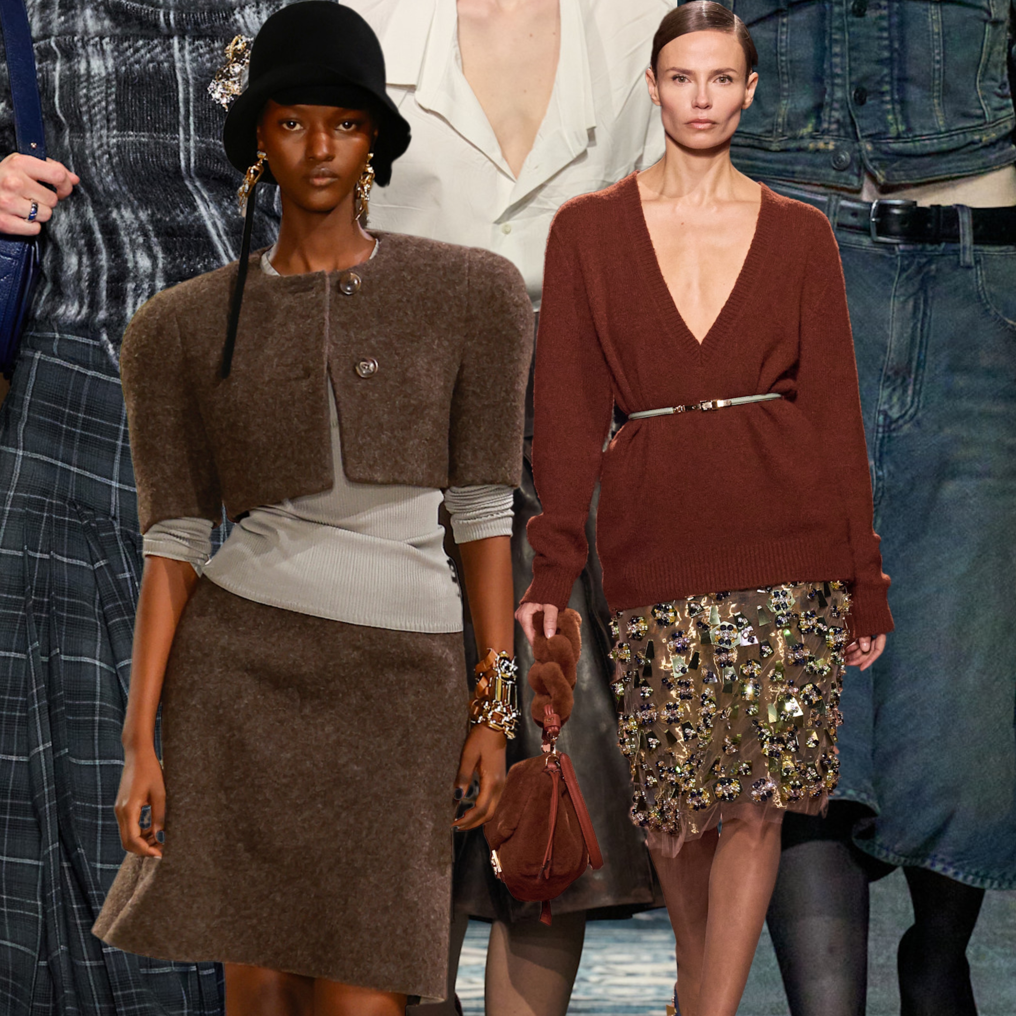 collage of women wearing fall 2025 skirt trends: leather skirts, plaid skirts, pencil skirts, sequin skirts, and denim skirts 