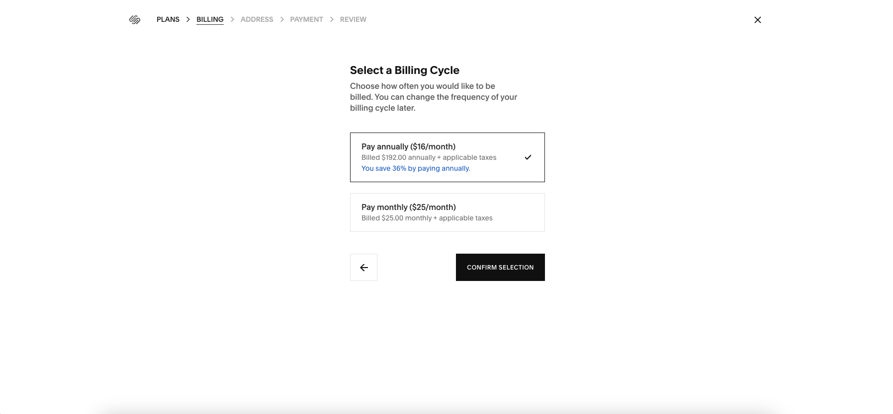 Screenshot of squarespace sign up options for annual or monthly payments
