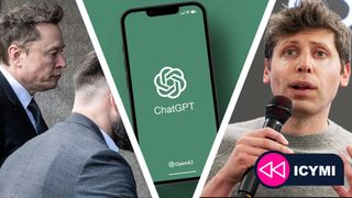 A compilation image of Elon Musk heading to OpenAI trial, OpenAI logo and Sam Altman talking at an event