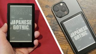 A hand holding the Xteink X4 Pro next to the device on a wooden table