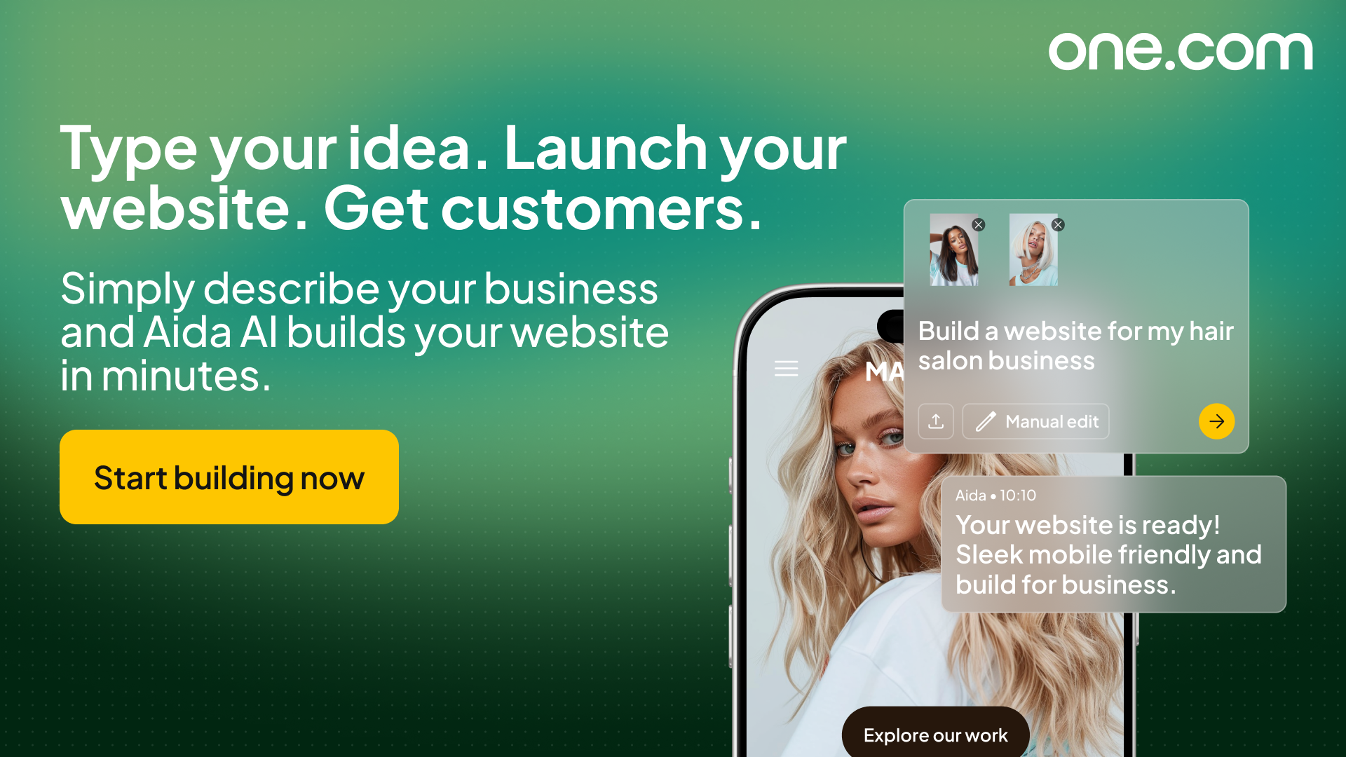 Promotional image showing Aida Website Builder features