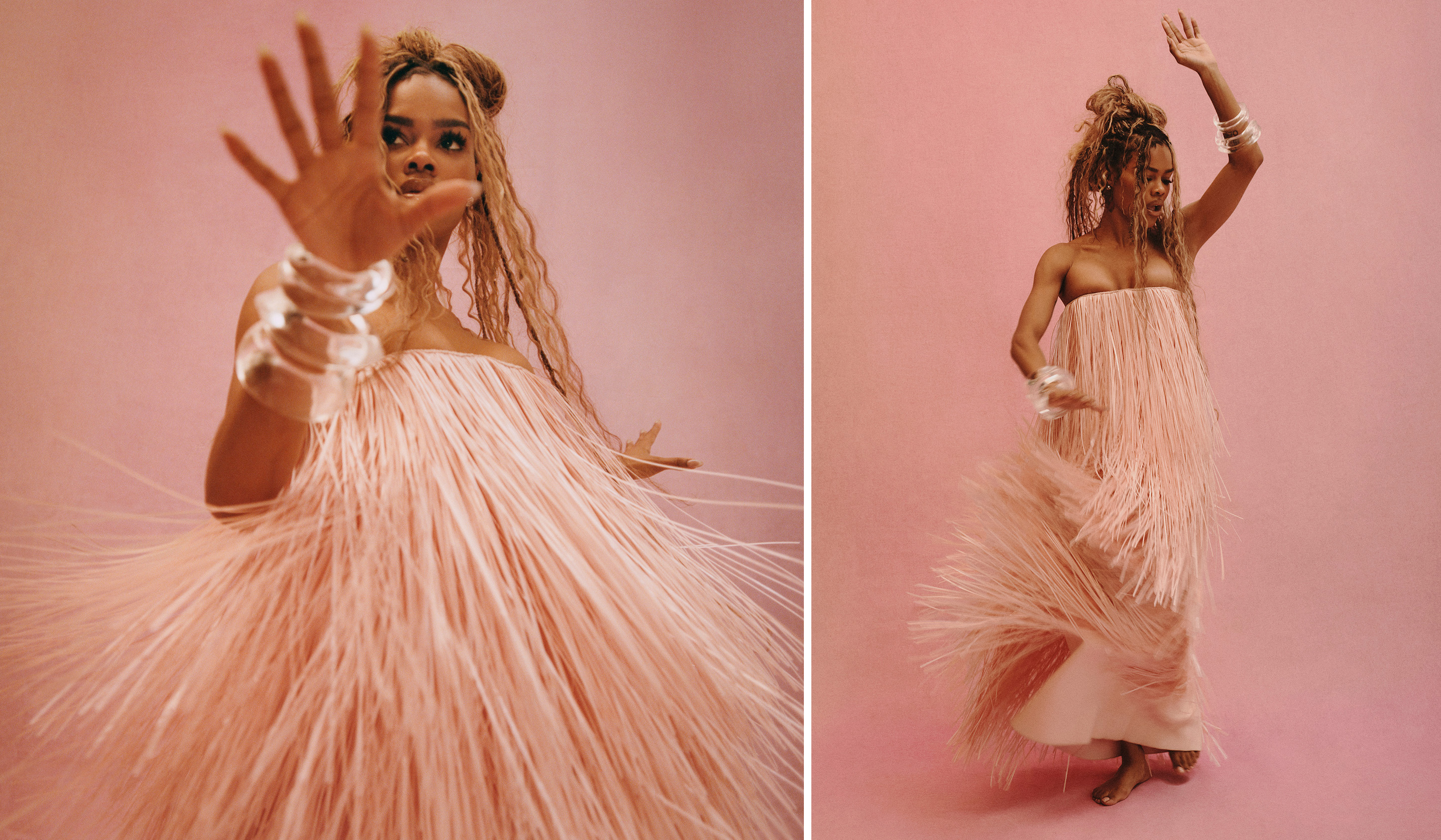 Teyana Taylor wearing a blush pink dress and silver bangles