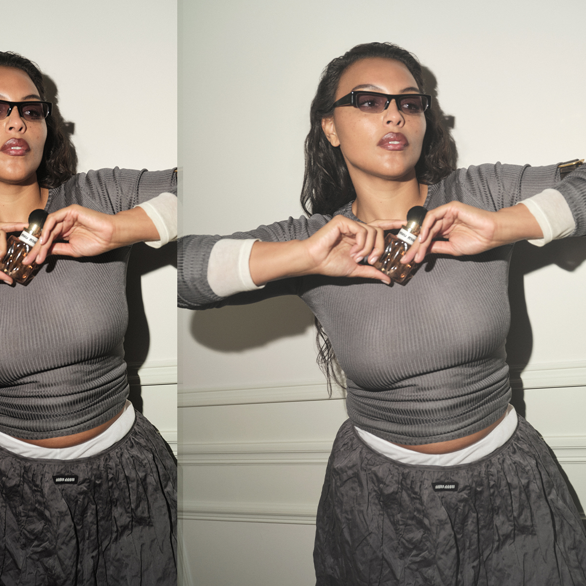 Photo of Paloma Elsesser with Miu Miu's Miutine fragrance