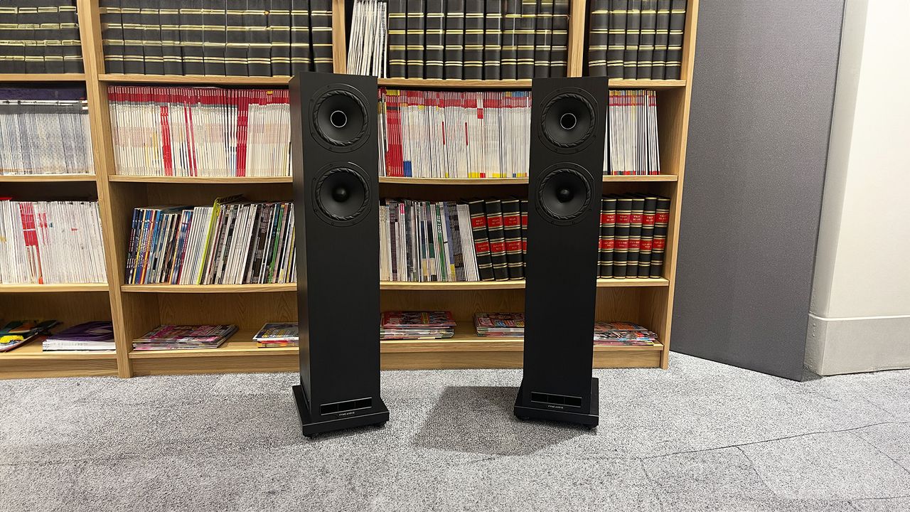 Fyne Audio F501E floorstanding speakers in front of a bookshelf.