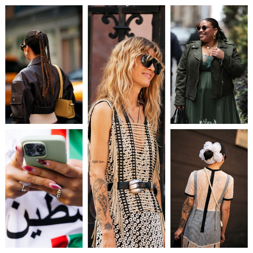 a five-part collage of women wearing jewelry and cool clothes at new york fashion week