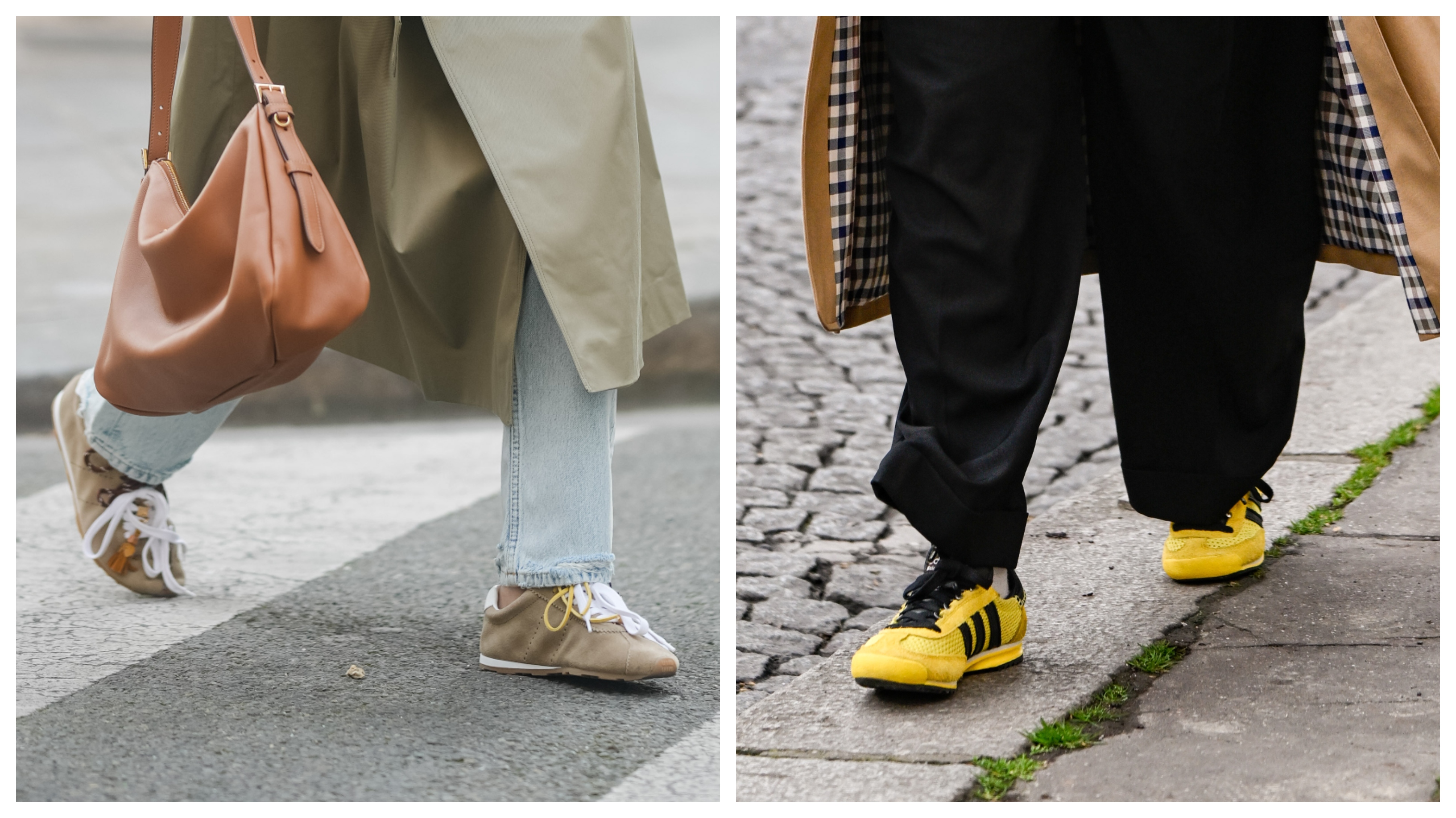 collage of brown shoes and yellow shoes