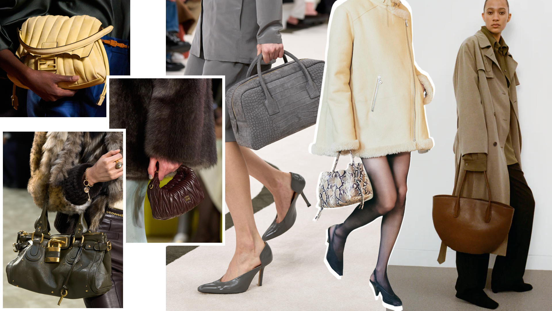a collage of fall 2025 bag trends at Chloé, Fendi, Miu Miu, Calvin Klein, Altuzarra, and The Row