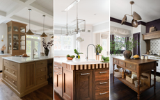 A trio of images: A neutral kitchen with white cabinetry and a wooden island and glass cabinet, a white kitchen with a wooden island with a checkerboard countertop, and a plum kitchen with a wooden island 