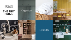 Grid composite with Homes & Gardens black text logo on white background and headline The Tidy Home, with multiple interiors shots and alternating text overlays of Organize, Clean and Laundry