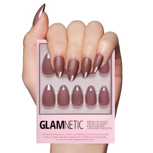 Glamnetic Press on Nails - Terra | Short Almond Dark Brown Nails With Glossy French Tips in a Matte Finish | 15 Sizes - 30 Nail Kit With Glue