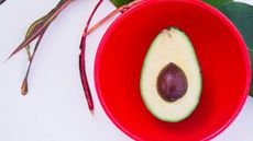 Half of an avocado in a red bowl