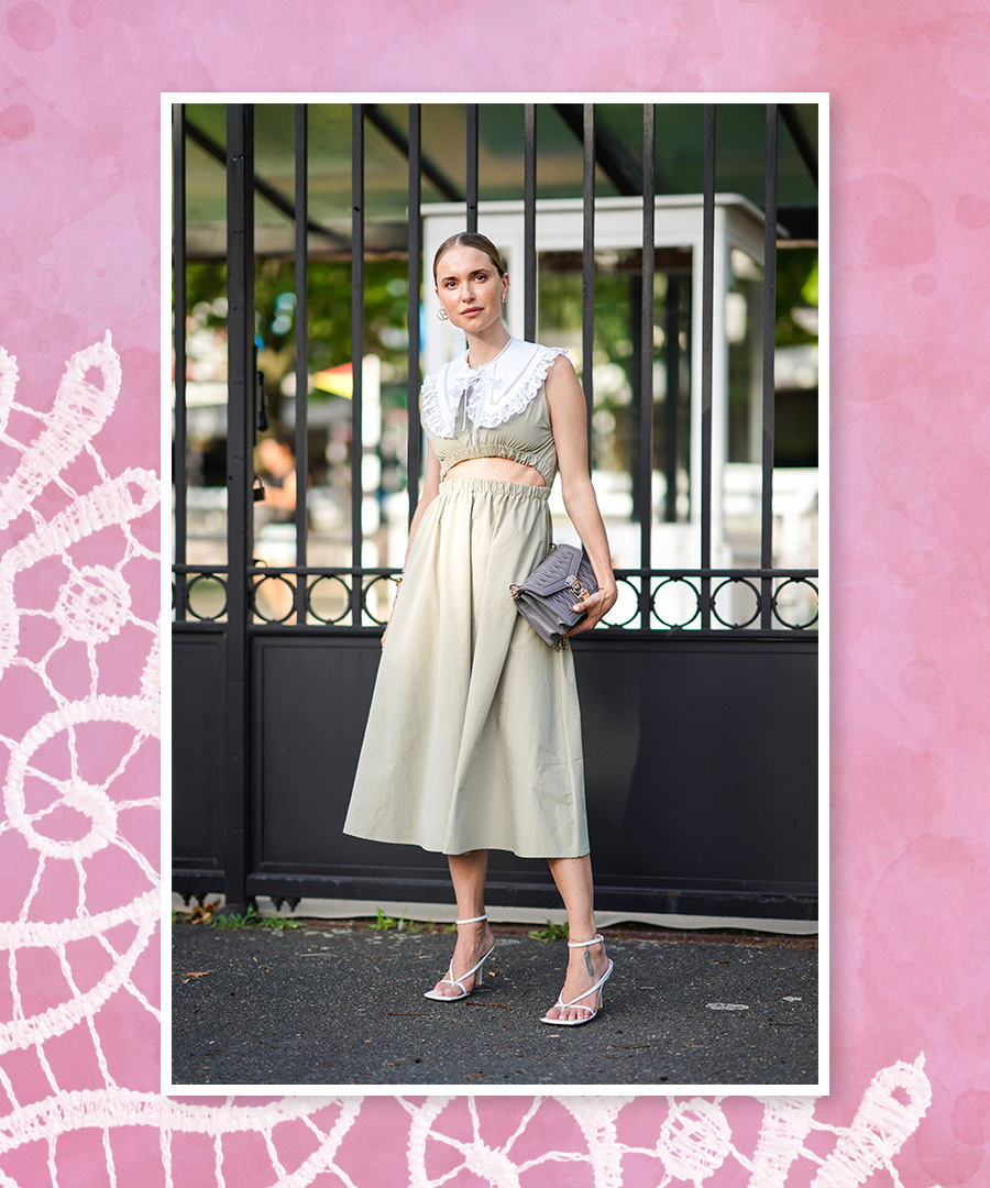 Graphics of women wearing peter pan collar shirts made by Future