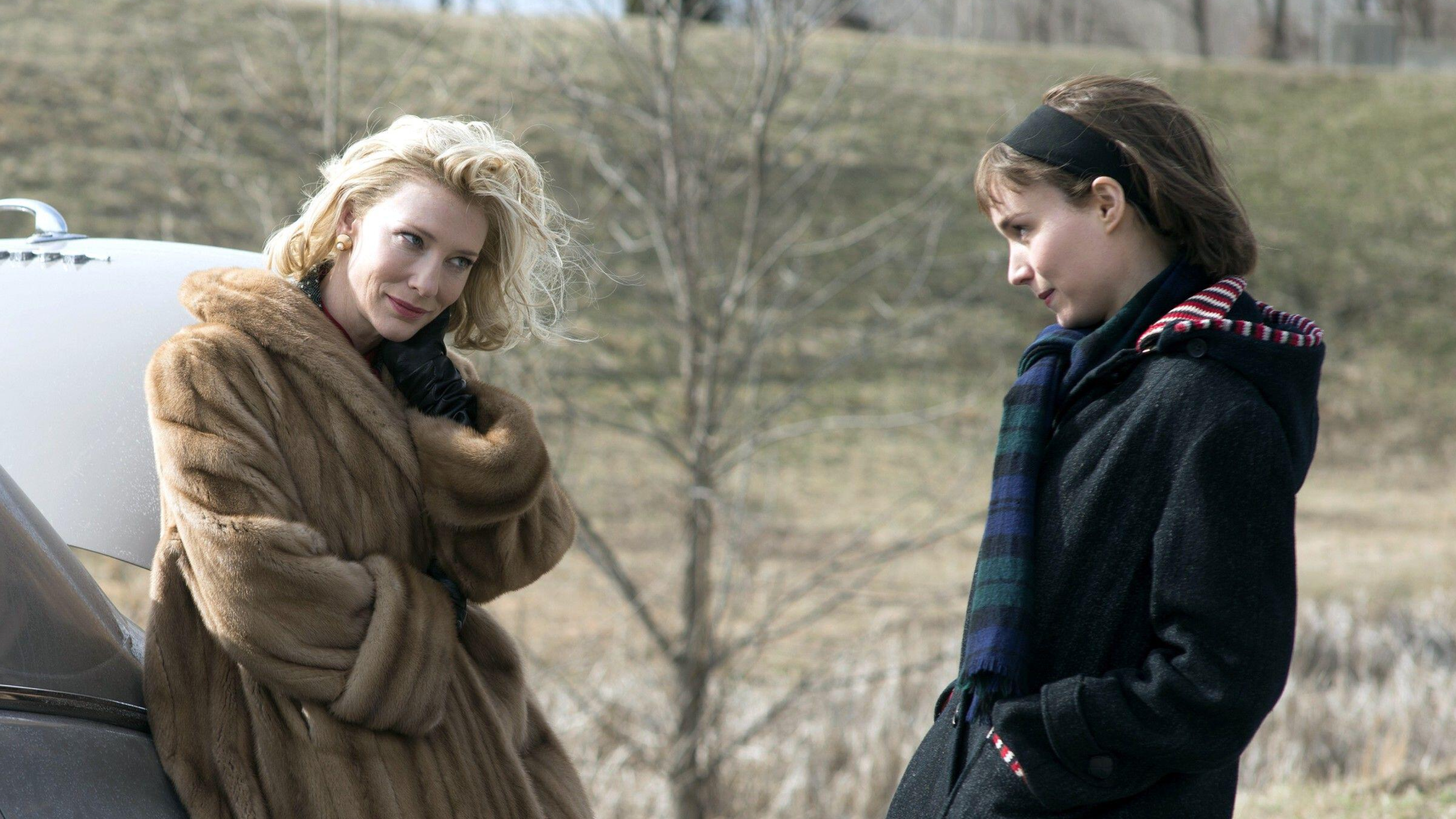 cate blanchett as carol and rooney mara as therese standing outside of their car broken down in a still from carol