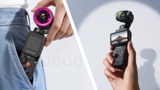 The Goojodoq GFS025 2-in-1 camera and fan being pulled out of a jeans pocket (left), and the DJI Pocket 3 in person's hand, in the spotlight