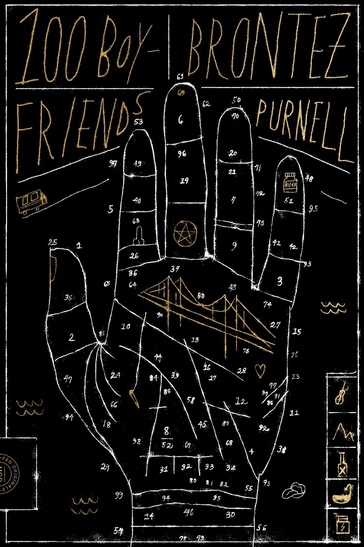 the book cover of 100 boyfriends by brontez purnell featuring a palm reading guide