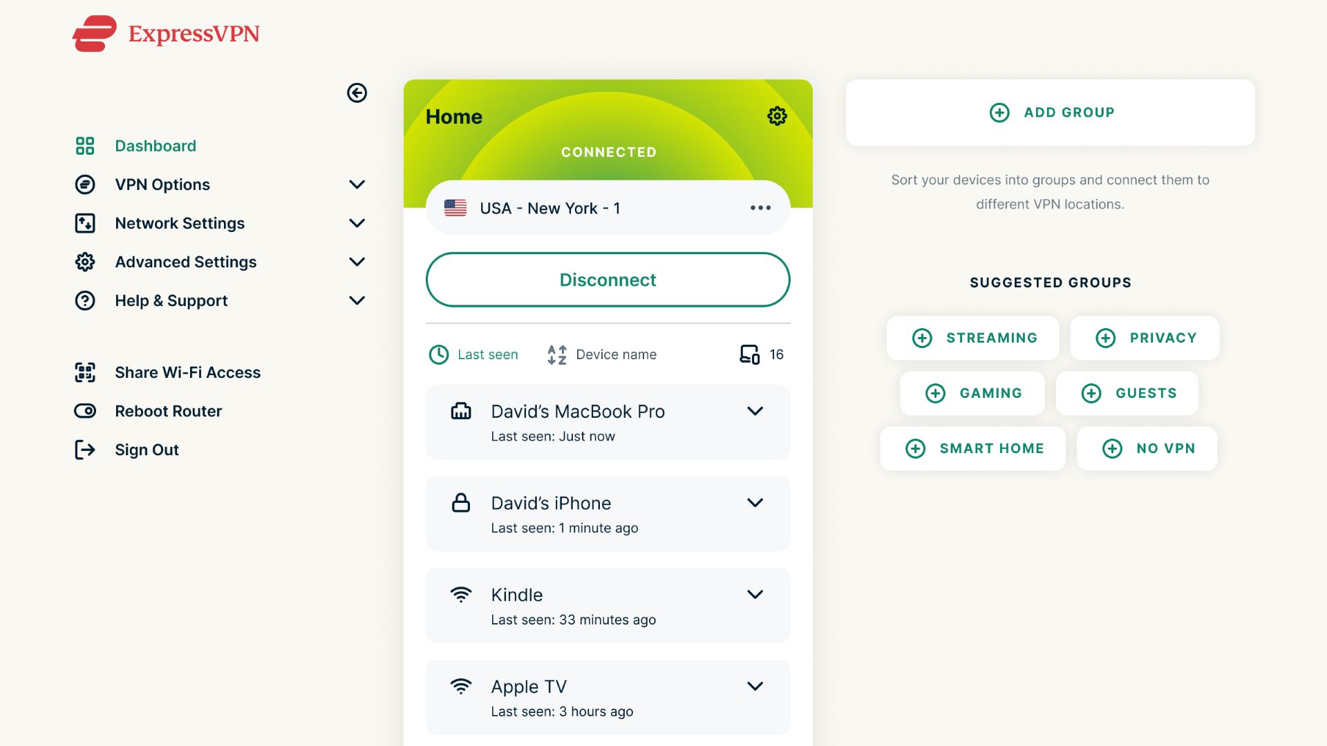 ExpressVPN Aircove dashboard interface on desktop