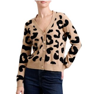 leopard cardigan in camel black multi