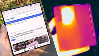 Samsung Galaxy Z Fold 8 Ultra next to thermal imaging scan of the phone 