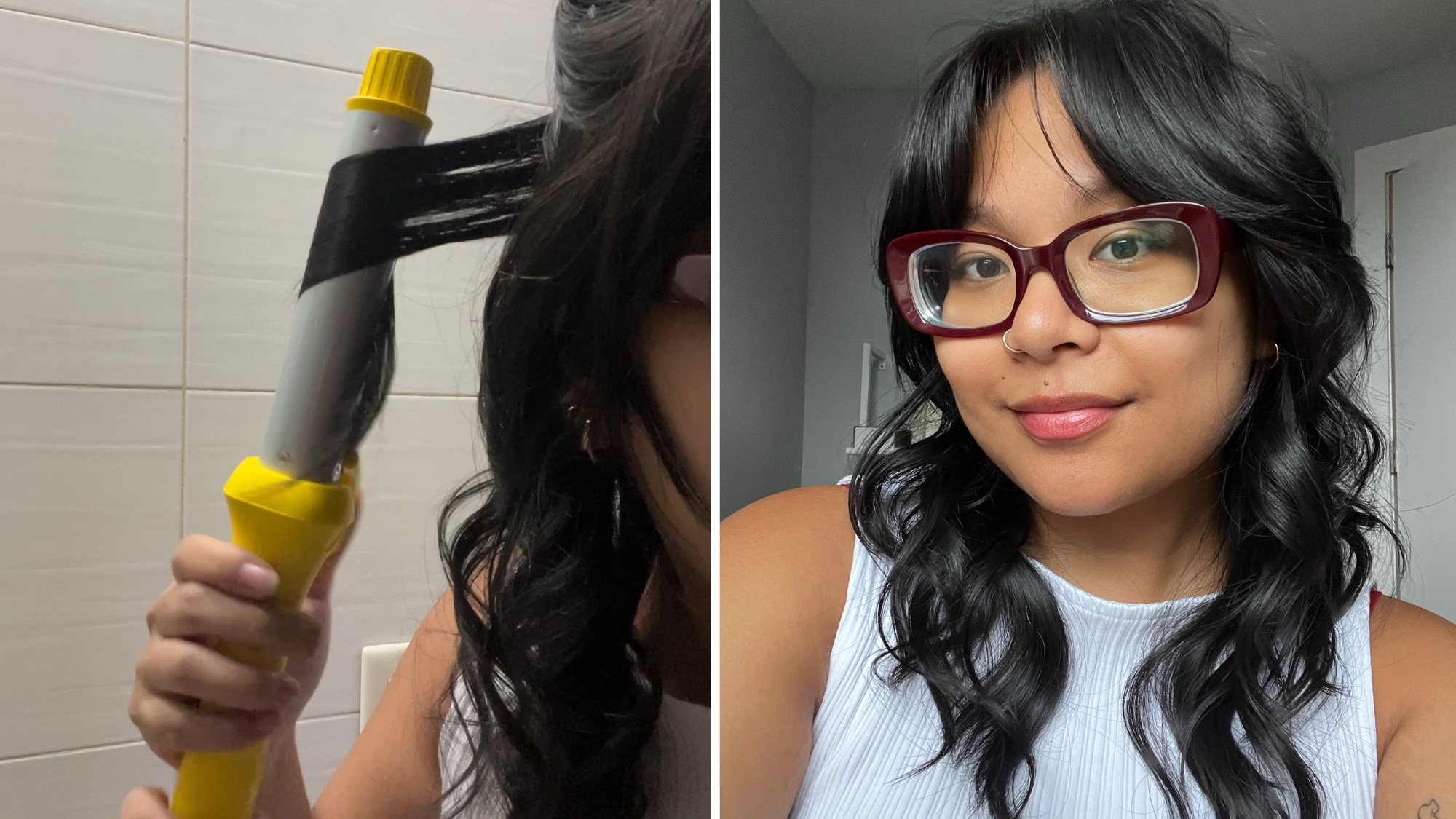 A close-up of Jonelle Arfuong using the DryBar Mixologist with the 1-inch barrel attachment (on the left) and the end results (on the right). The curling iron in the left photo is grey with a yellow handle; the right photo features a young girl with black, shoulder-length hair, burgundy glasses, and a nose ring, wearing a white tank top.