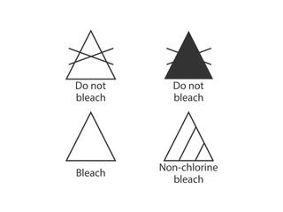 4 black triangular bleaching symbols on a white background including do not bleach, bleach and non-chlorine bleach.