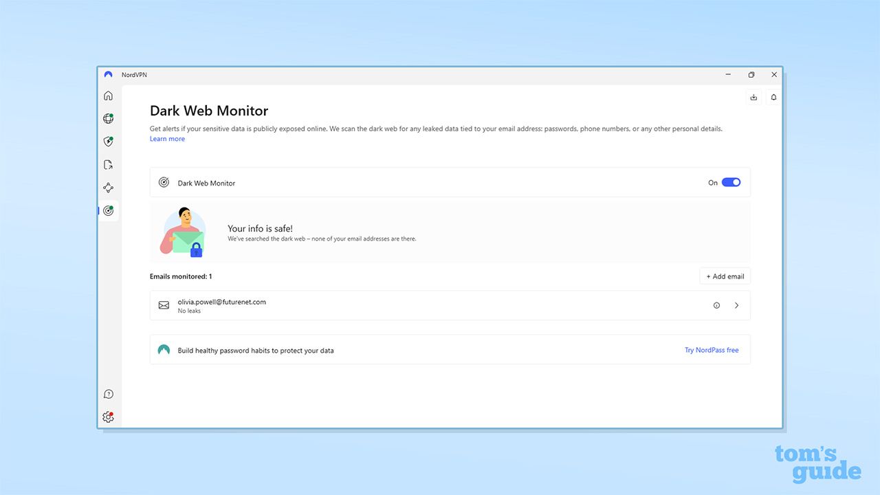 NordVPN's dark web monitoring on its Windows app.