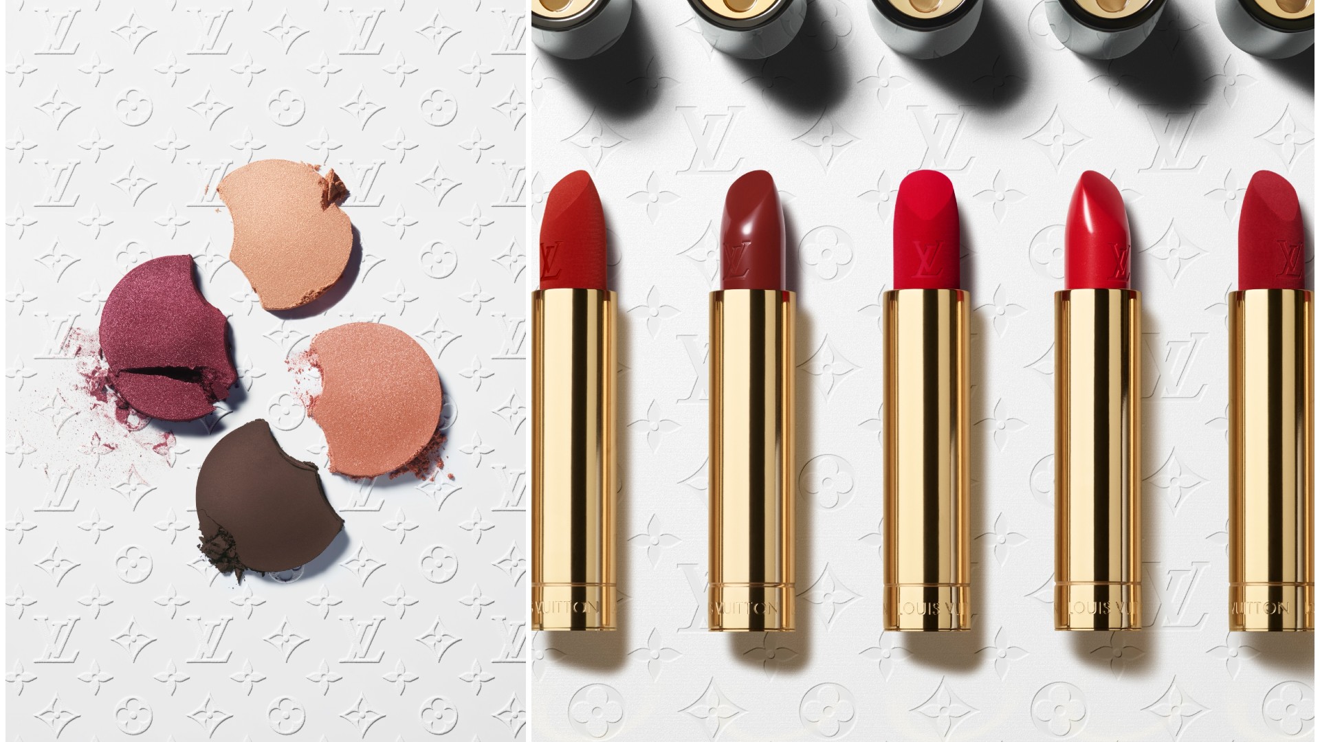 five gold lipstick tubes and crushed eyeshadow