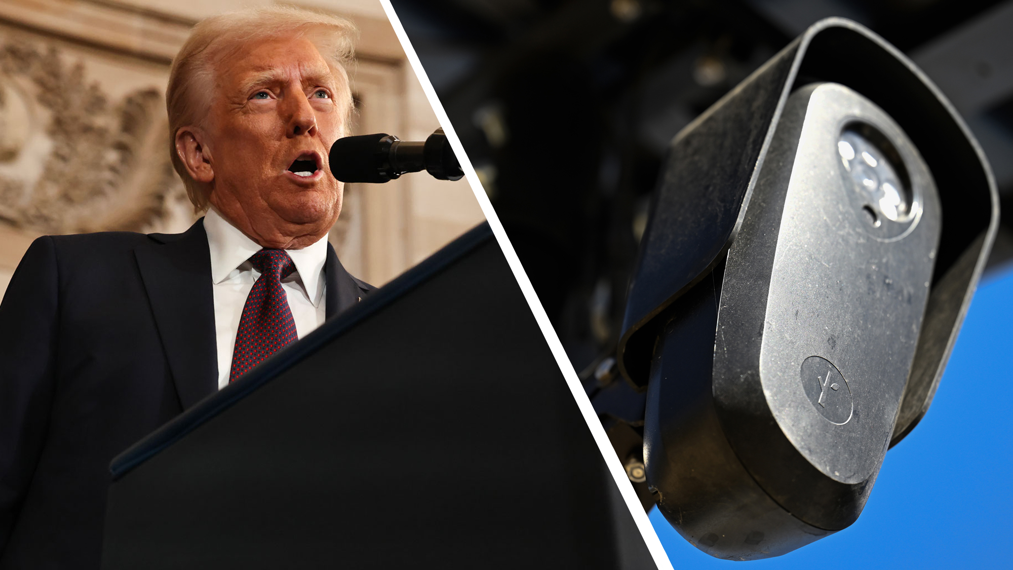 Donald Trump during a speech next to a photo of a Flock camera