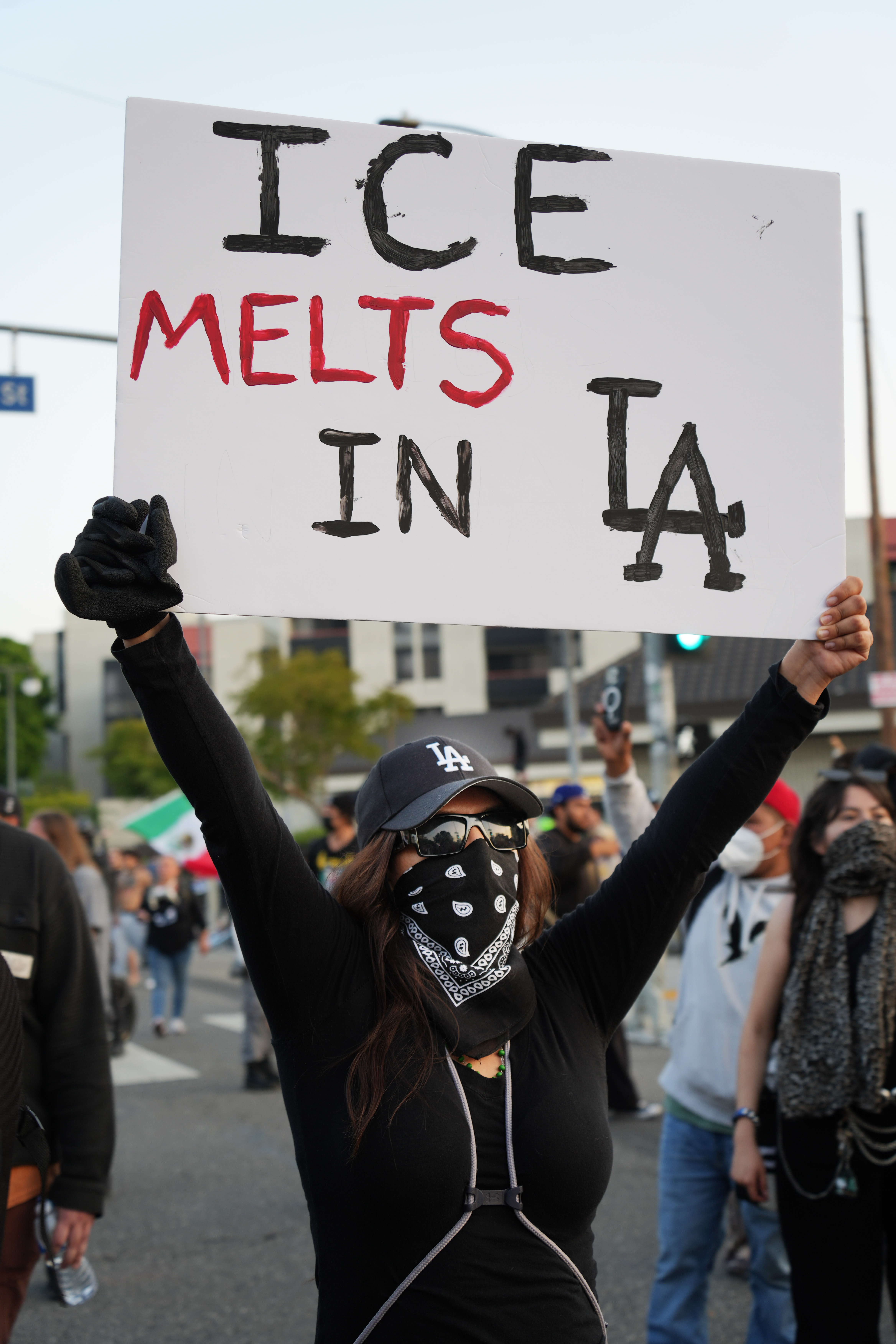 Close-up of a sign that reads “ICE MELTS IN LA.”
