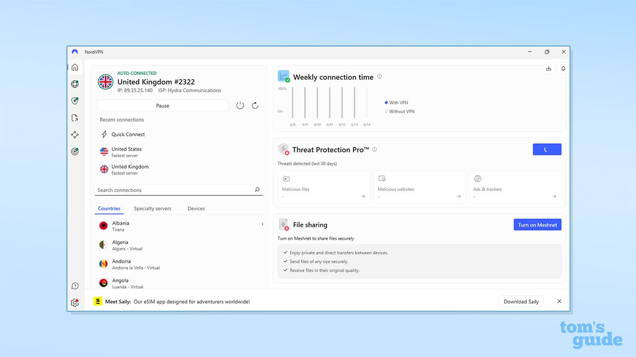 NordVPN's homepage on its Windows app. It is split into a number of different widgets including the VPN connection, recent connections and servers widget, with options for countries, speciality servers and devices. There is also a widget for weekly connection time, a widget for Threat Protection Pro and a widget for file sharing with an option to turn on Meshnet.