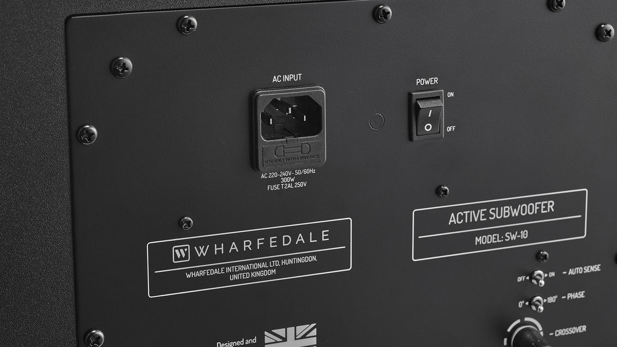 A close-up showing the power input and switch of the Wharfedale Diamond 12.1 Home Cinema Pack's subwoofer.