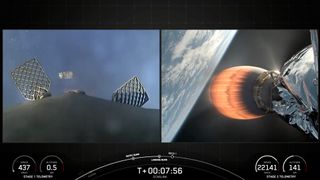 side-by-side photos showing (at left) a rocket coming down for a landing on a ship at sea and (at right) a rocket engine burning orange-hot in orbit, with earth in the background