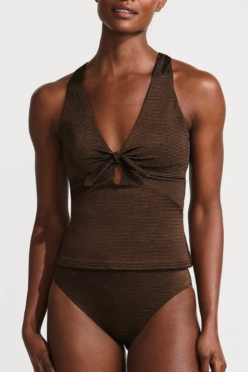 Shine Ribbed Tankini Top and High Waisted Bottom Swimsuit Set