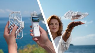 HoverAir's Versa 2-in-1 pocket gimbal camera and drone on a sunny day &mdash; the two components unattached in user's hands (left) and then together, taking off from person's hand (right)