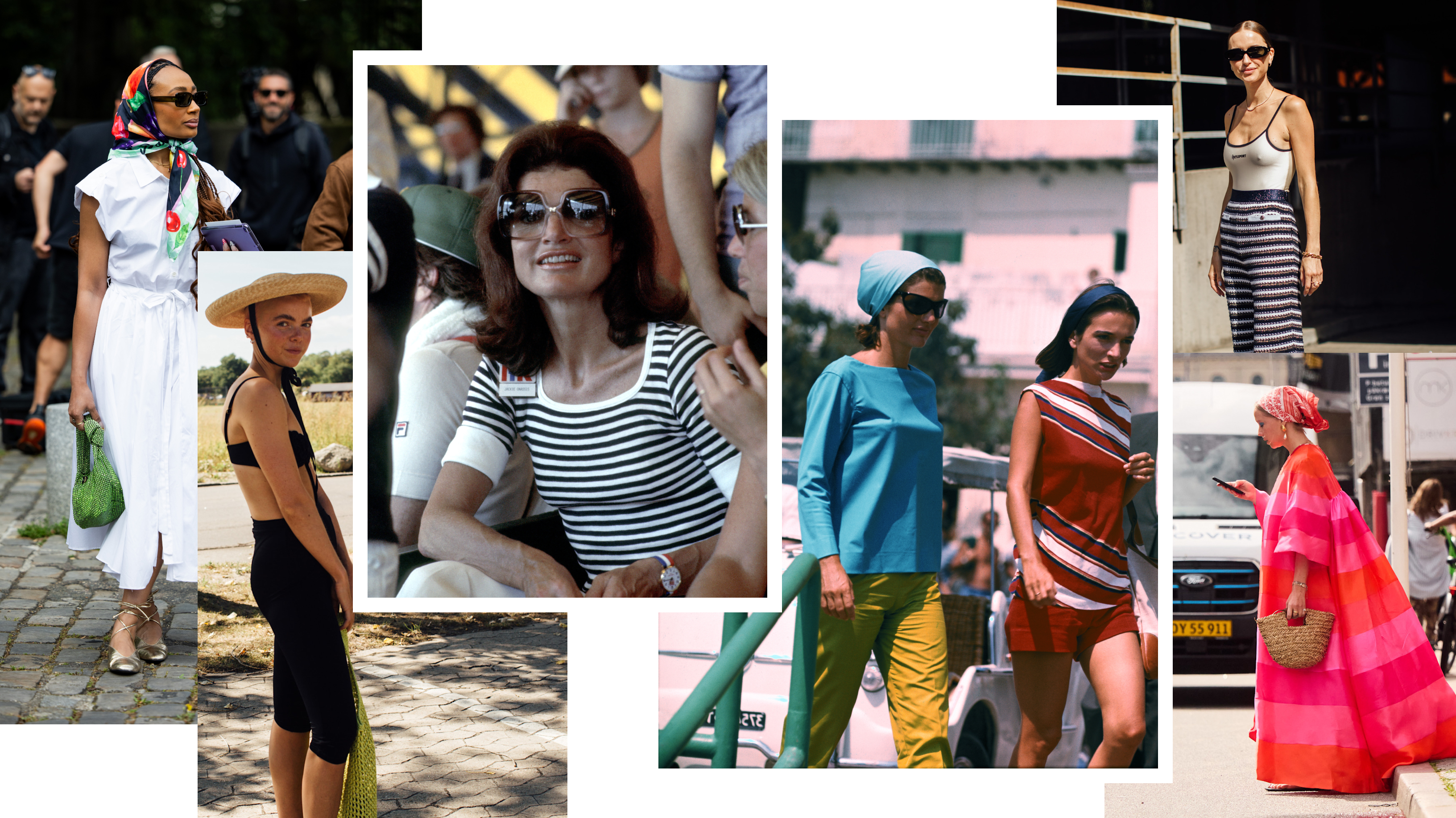 a collage of beach outfits on Jackie Kennedy and women at fashion week