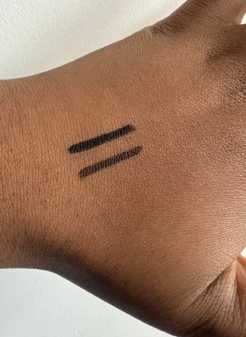 Victoria Beckham Beauty Satin Kajal Eyeliner black and brown swatches on back of hand