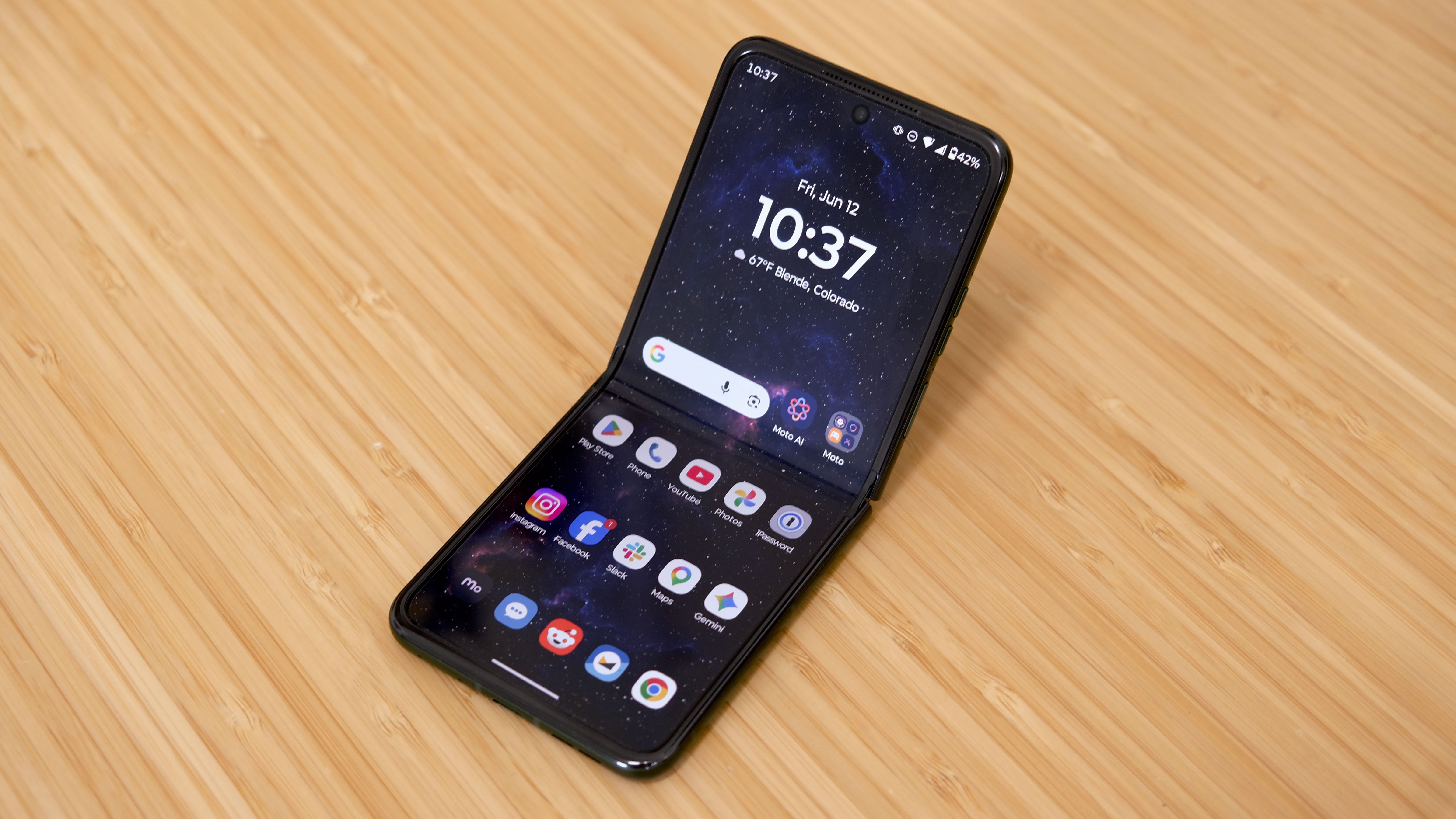 The Motorola Razr Plus 2026 resting on a table