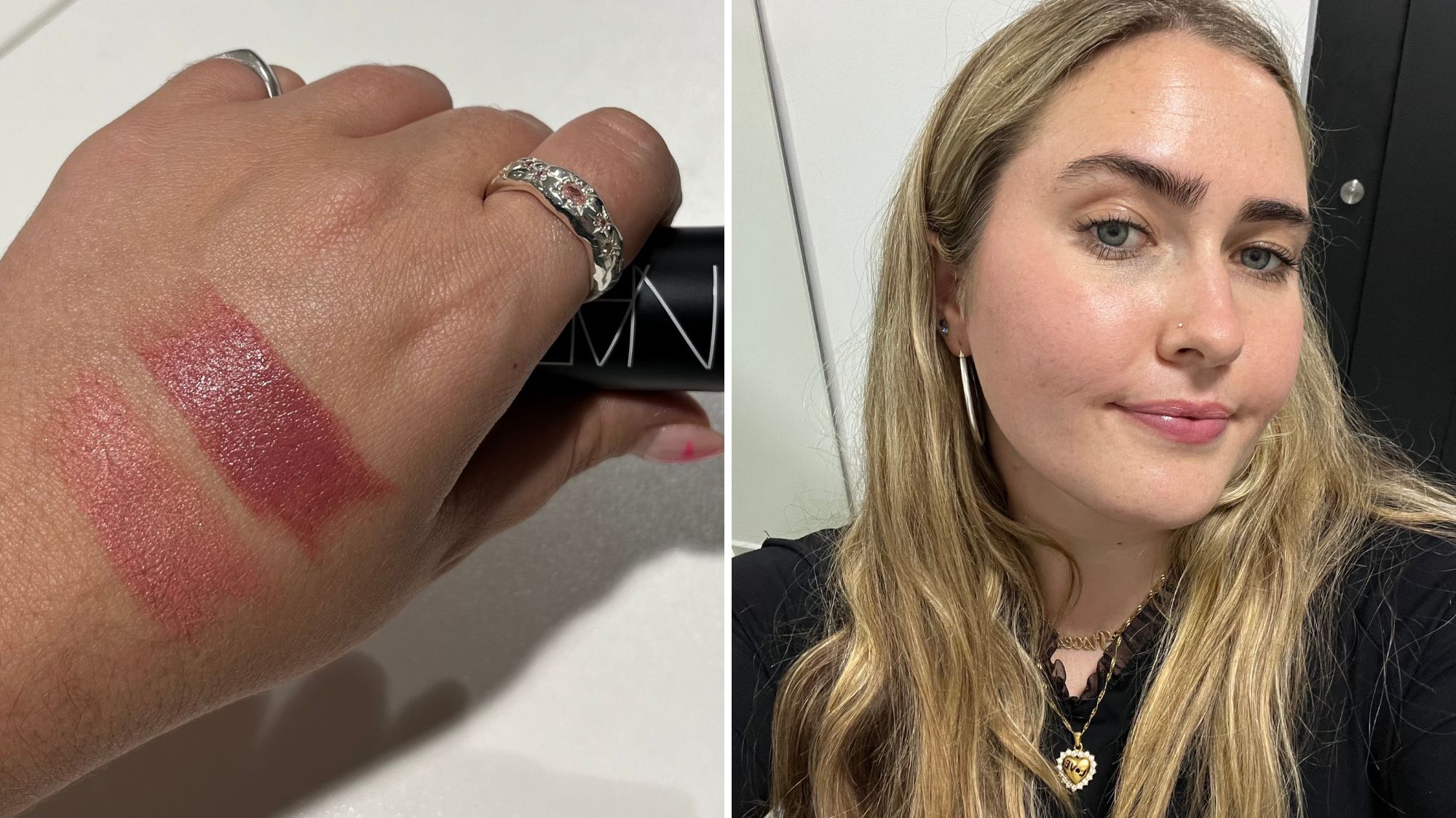 amelia wearing the nars blush sticks in orgasm crave and dolce vita, plus swatches of both shades