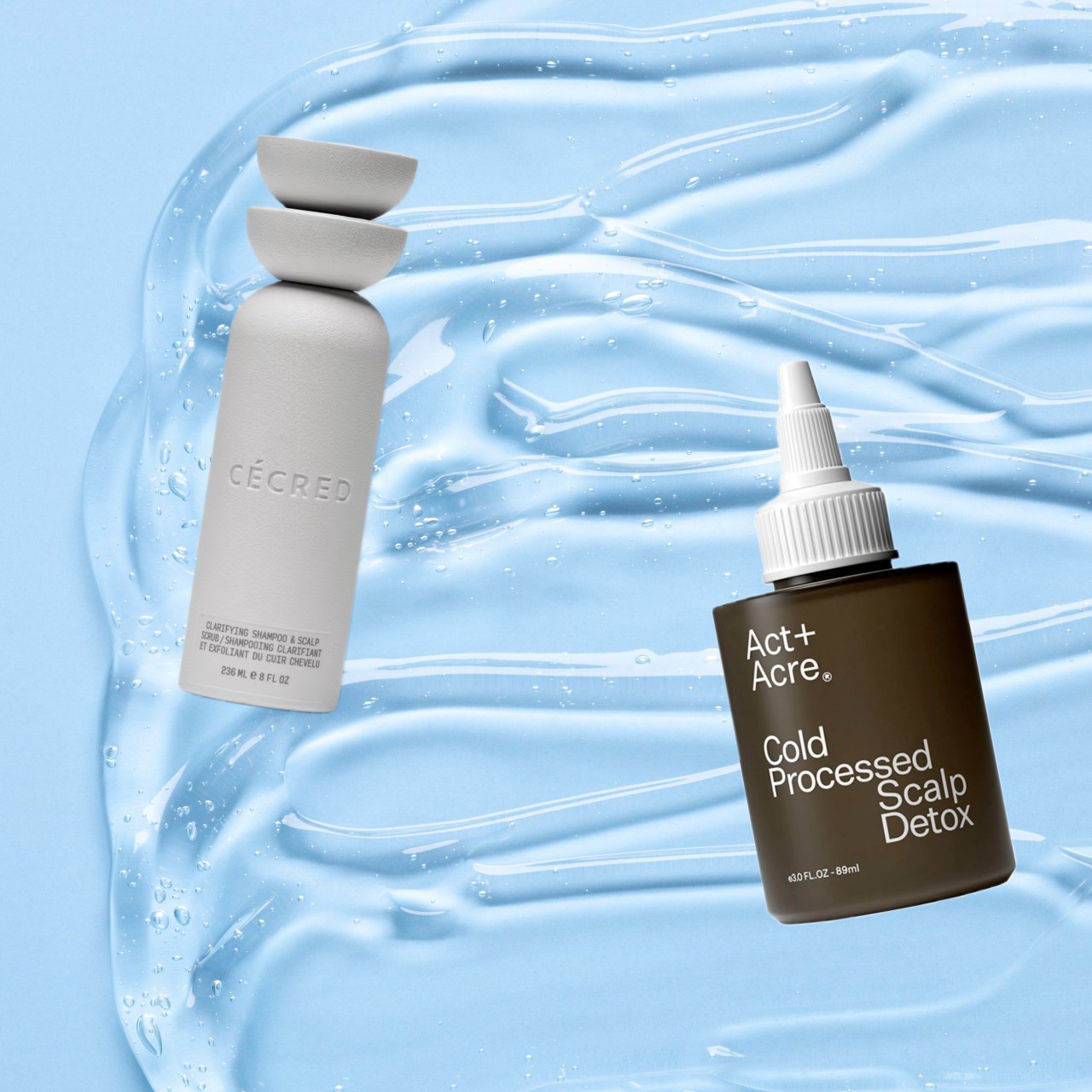 a collage of two scalp treatments on a blue background