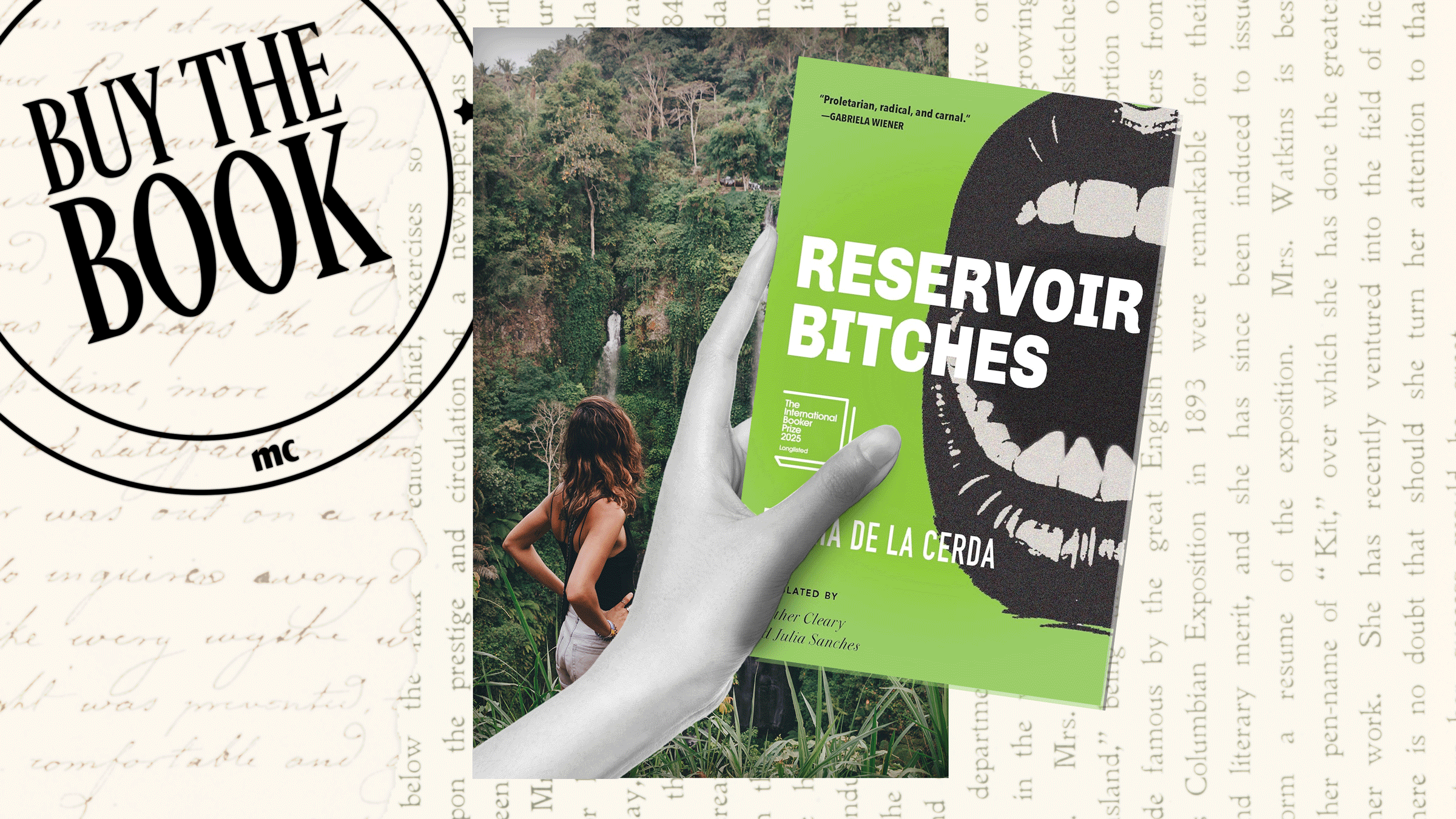 an image of a woman walking through a jungle and a gif of several popular translated novels against the backdrop of marie claire&#039;s buy the book franchise