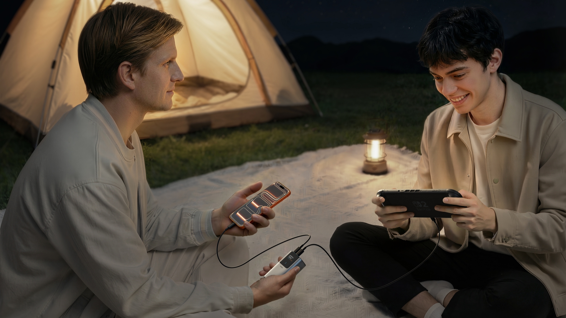 Two people camping, using a CUKTECH 10 Mini power bank to charge their devices