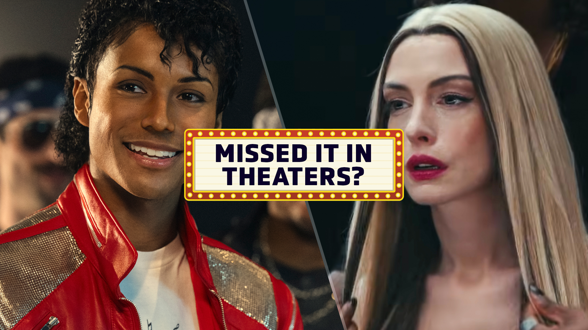 (L-R) Jaafar Jackson in "Michael" (2026) and Anne Hathaway in "Mother Mary" (2026), representing movies you may have missed in theaters that are coming to streaming in August 2026.