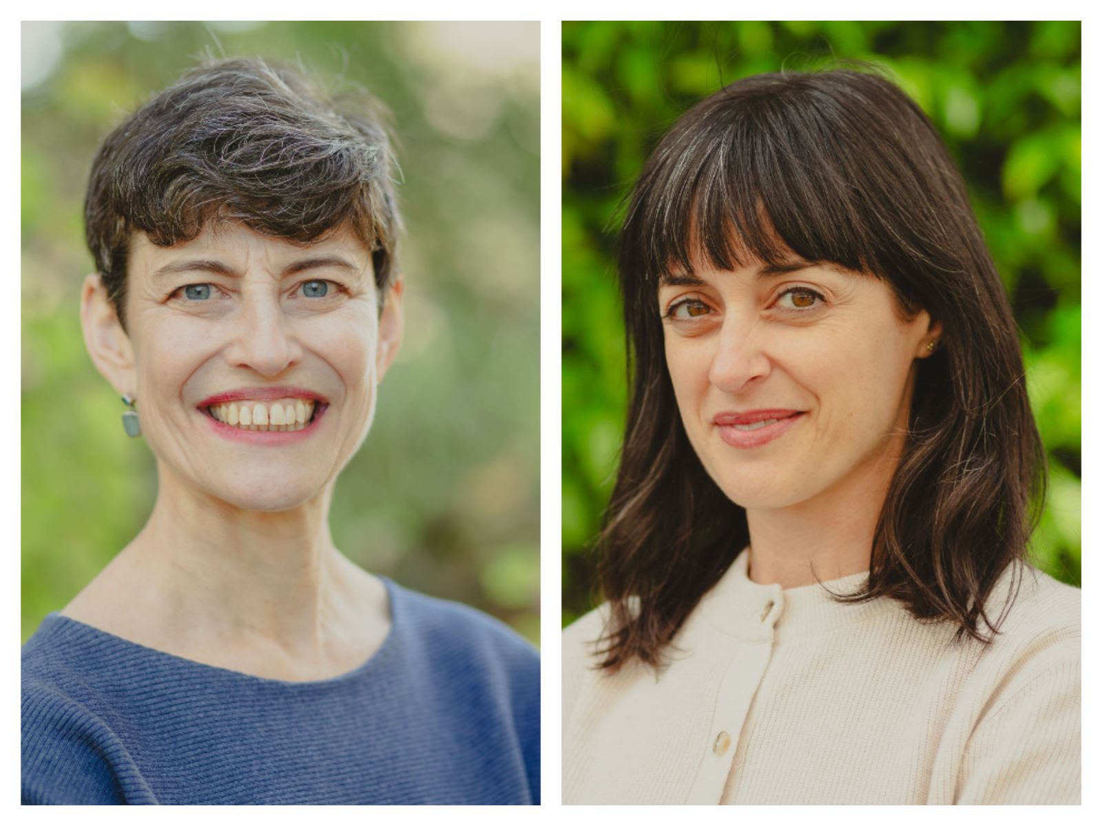 Side-by-side portraits of Melissa Crow and Blaine Bookey. Melissa, on the left, has short dark hair with gray streaks and is smiling in a blue top. Blaine, on the right, has long dark hair with bangs and is wearing a light-colored sweater, smiling softly.