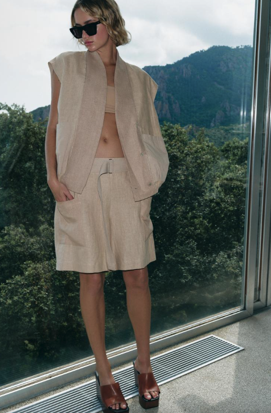 ZARA, 100% Linen Combination Bermuda Shorts Limited Edition