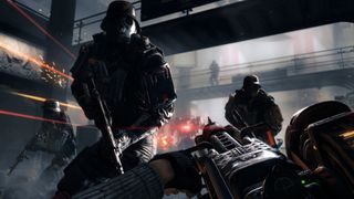 A player shooting at enemy soldiers during Wolfenstein: The New Order, one of the best PS3 games.