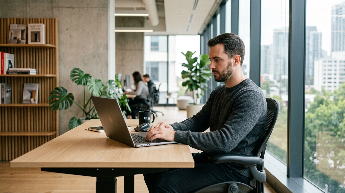 a man building a website on a macbook in a minimalist office 