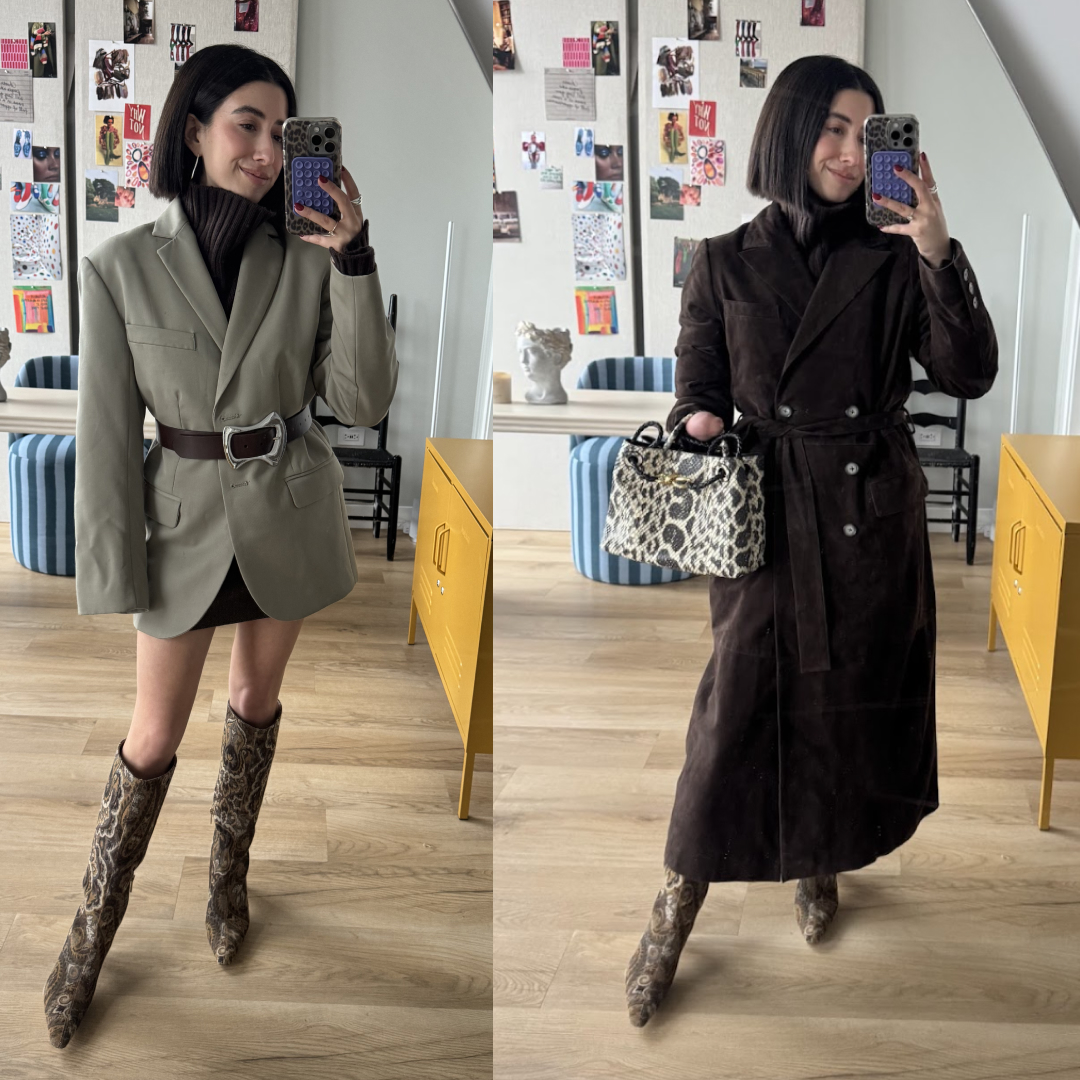 April Lockhart wearing fall jackets with jacquard statement boots in front of a window