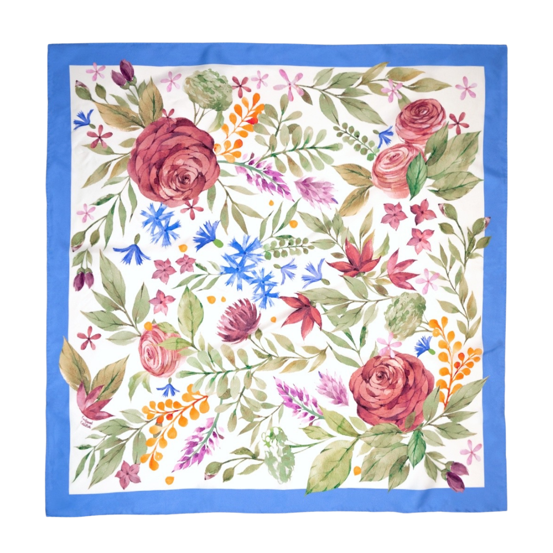Cerulean Blooms Silk Scarf