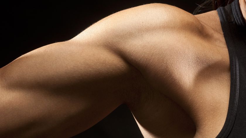 A close up on a woman&#039;s bicep as she&#039;s flexing slightly 